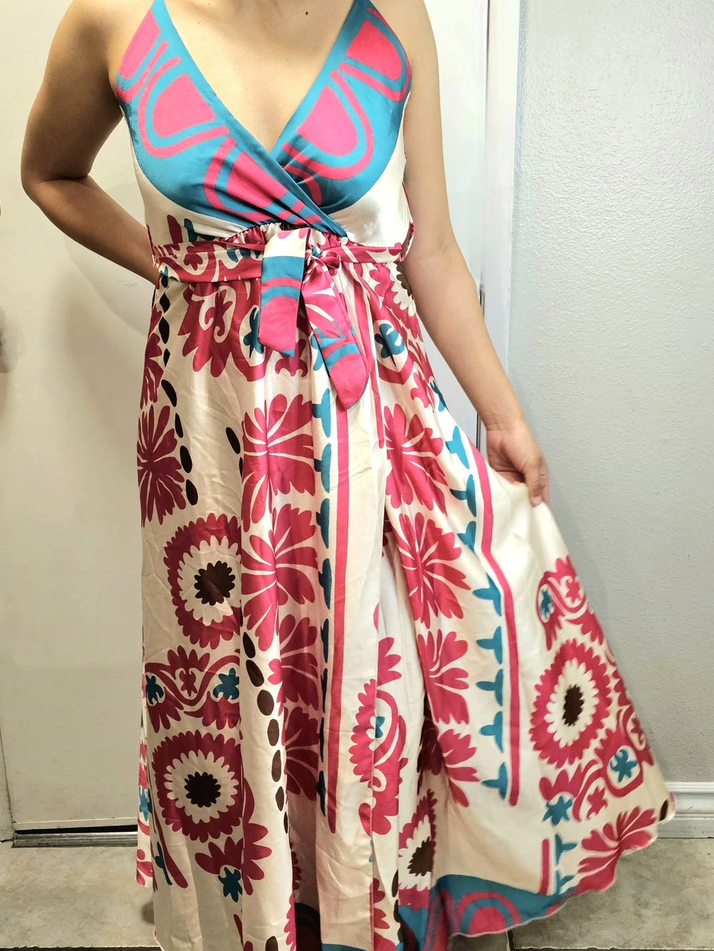 PY 💕 Made In Italy Floral Satin Maxi Dress Fuchsia Turquoise Provence Strappy